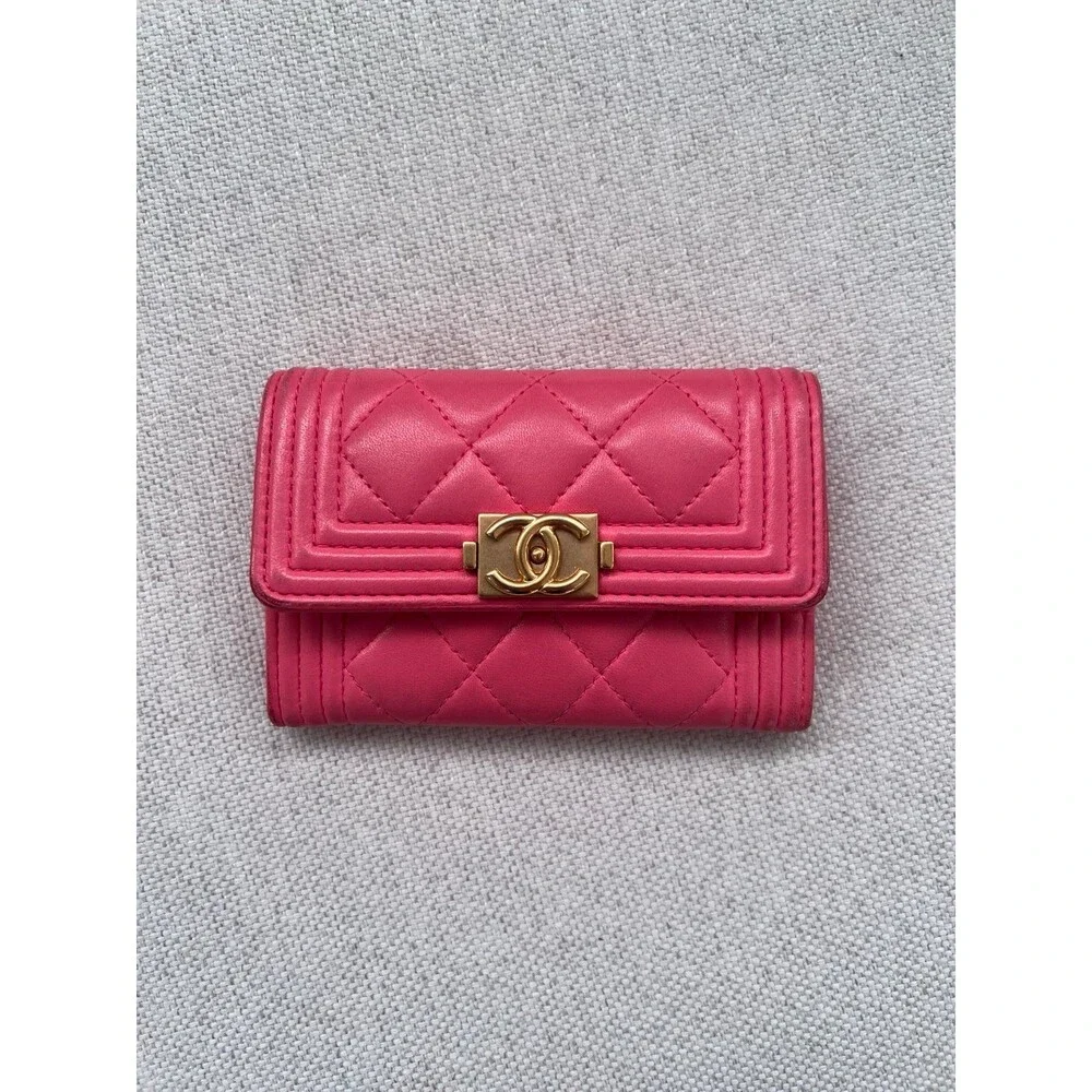 Chanel Pink Lambskin Leather Boy Flap Card Holder